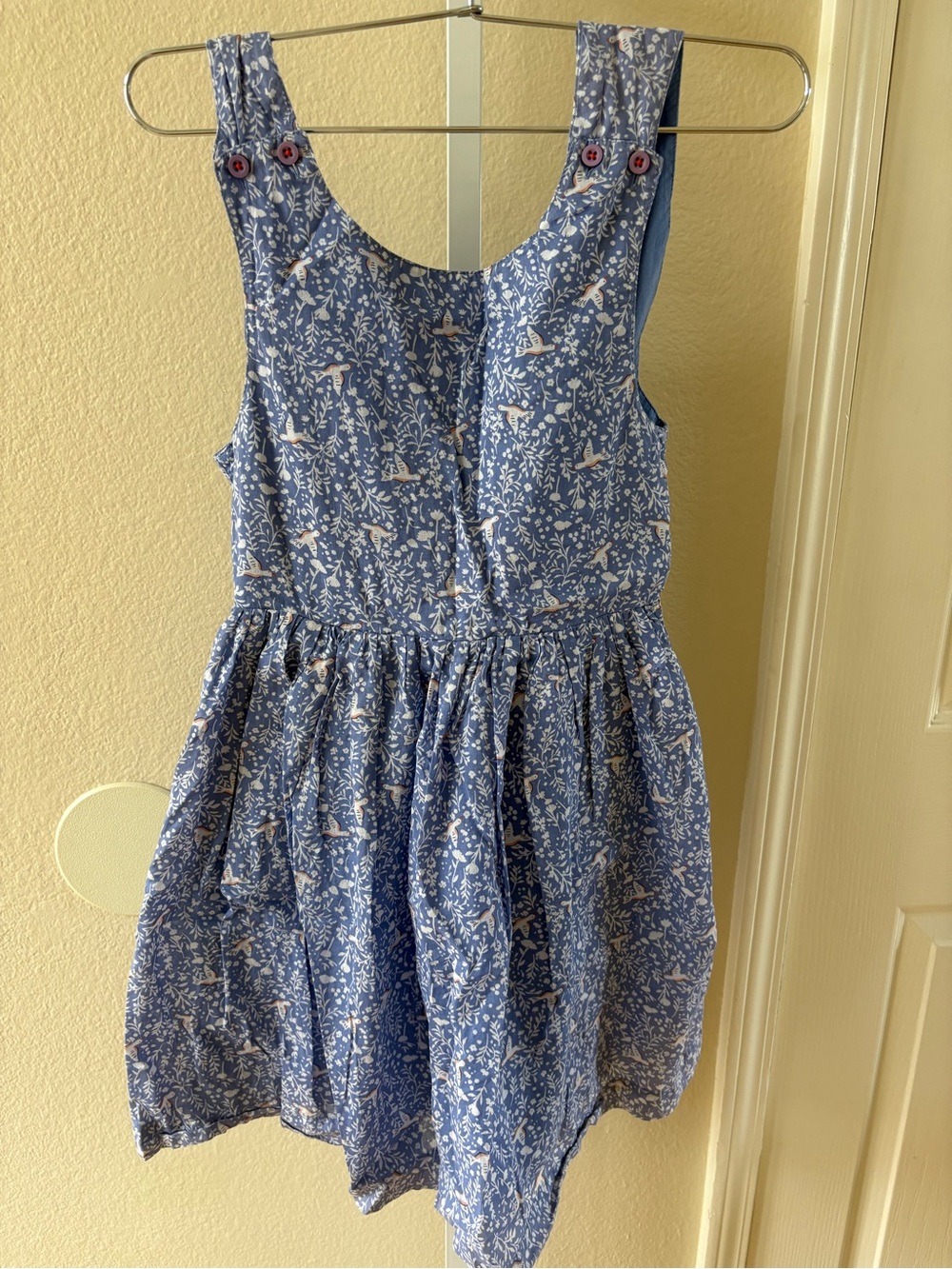 Mini Boden Blue Floral Bird Print Button-Strap Dress - Size 9-10 Years